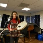 Belen Prado from Enchanted Flute with her drum at the recording studio